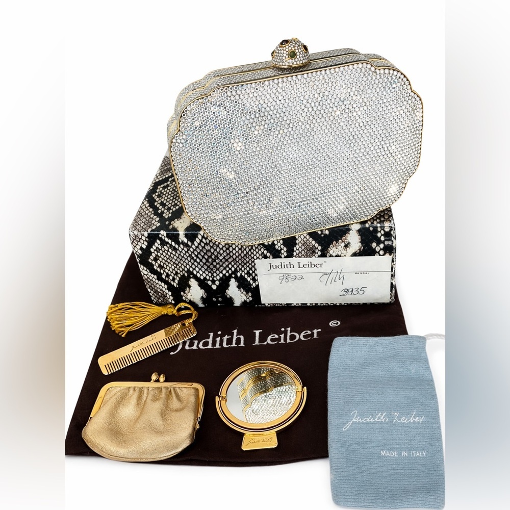 Judith Leiber Swarovski Crystal Minaudiere Clutch Full Set Evening Bag Chain - Picture 8 of 15